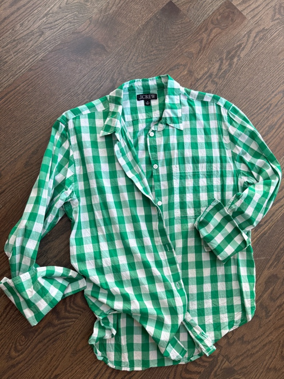 J. Crew Green and White Gingham Button-Down Shirt
